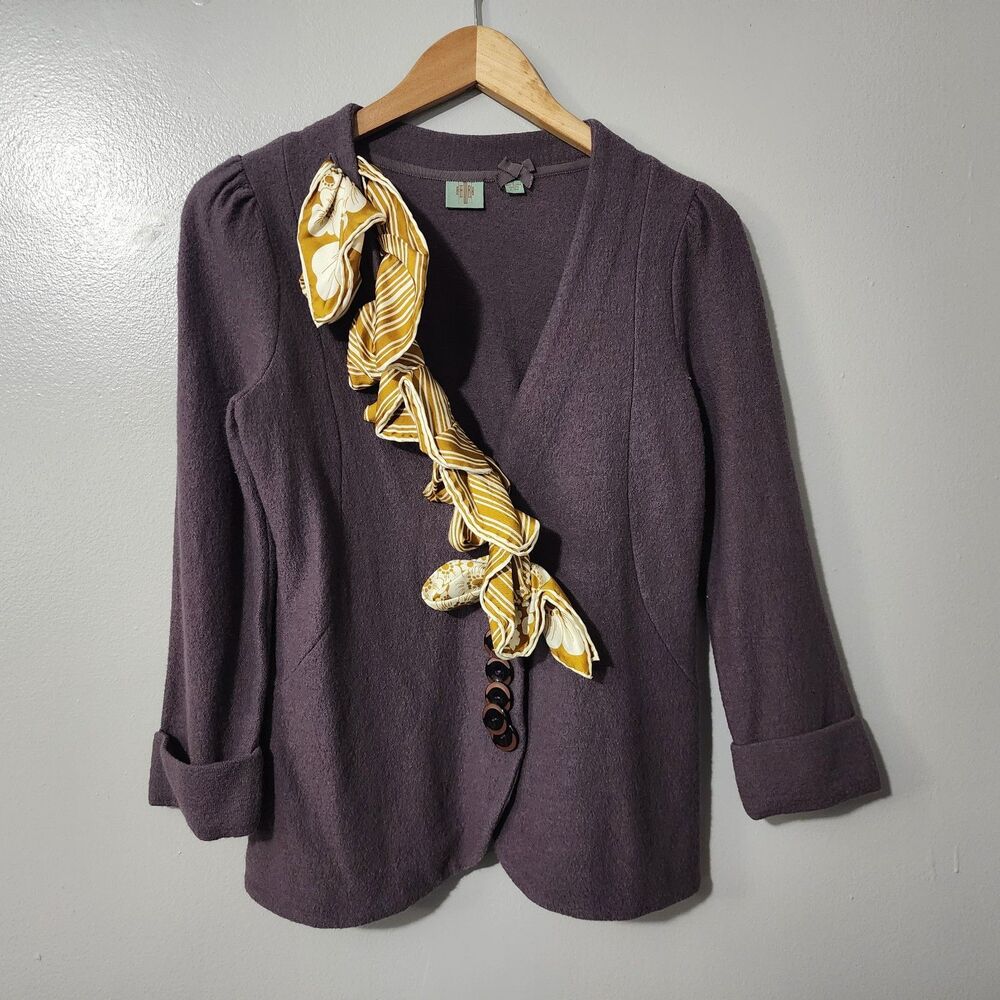 Anthropologie HWR Boiled Wool Trick Cardigan Silk Scarf Blazer 3/4 Taupe Size S